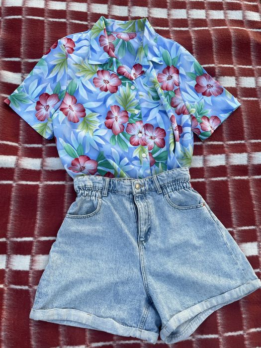 Retro koszula hawajska błękitna | prążkowana | niegniotący materiał |  Rozmiar M