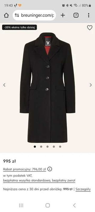 Wełniany klasyczny płaszcz damski roz 44