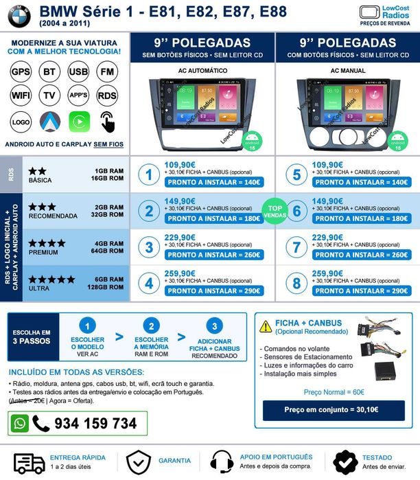 (NOVO) Rádio GPS BMW Série 1 ANDROID - E81/E82/E87/E88 (2004 a 2011) | CARPLAY • ANDROID AUTO