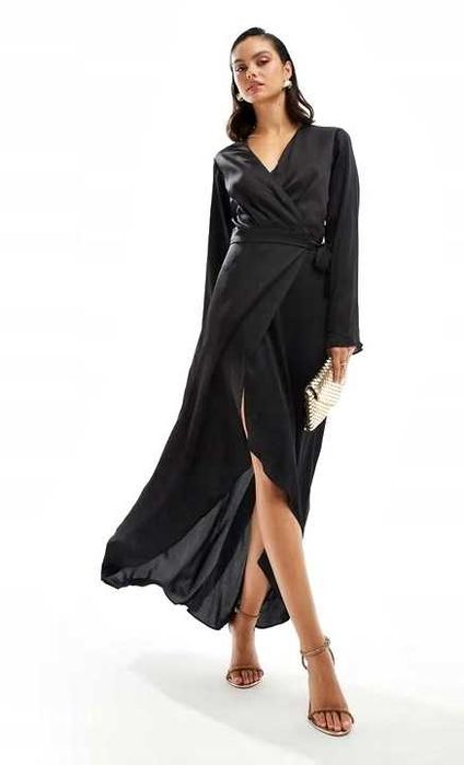 Długa Czarna Sukienka Satynowa Kopertowa Wiązana Elegancka Gothic S