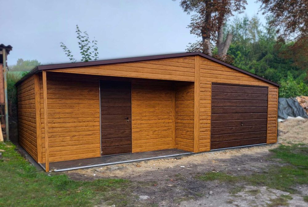 Garaż Blaszany 7,5x5m z Pomieszczeniem Gospodarczym – Drewnopodobny
