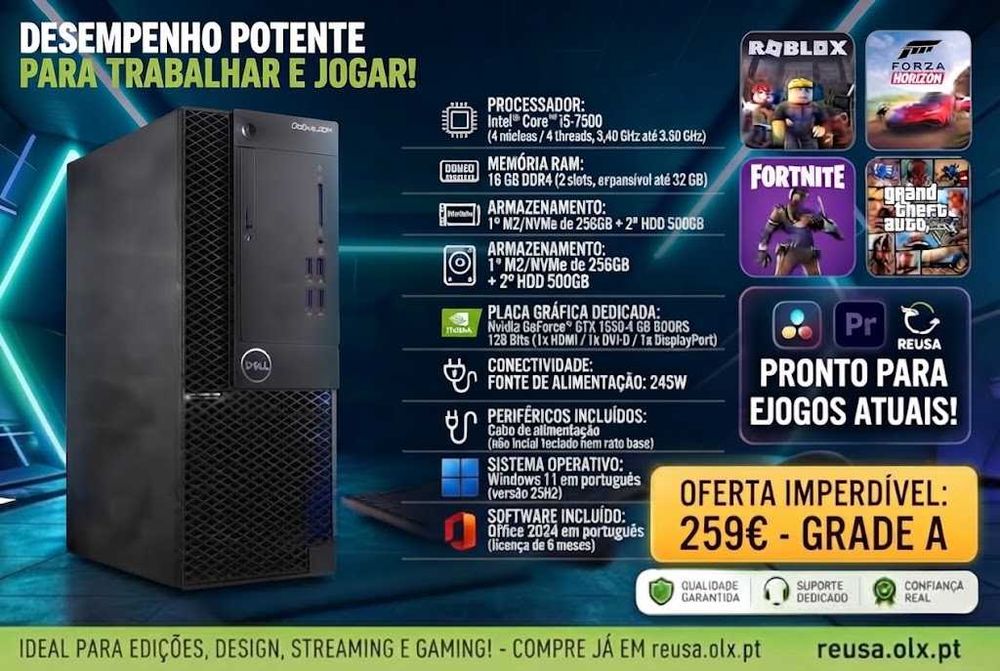 Desktop Dell Low Gaming 7ªG| i5 ou i7 | 16G-DDr4 | NVMe256 + HDD500 | GTX1650-4G | WiFi | W11