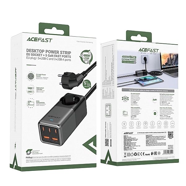 Ładowarka biurkowa Acefast Z2 GaN 75W PD 3x USB-C 2x USB-A - czarno-sz