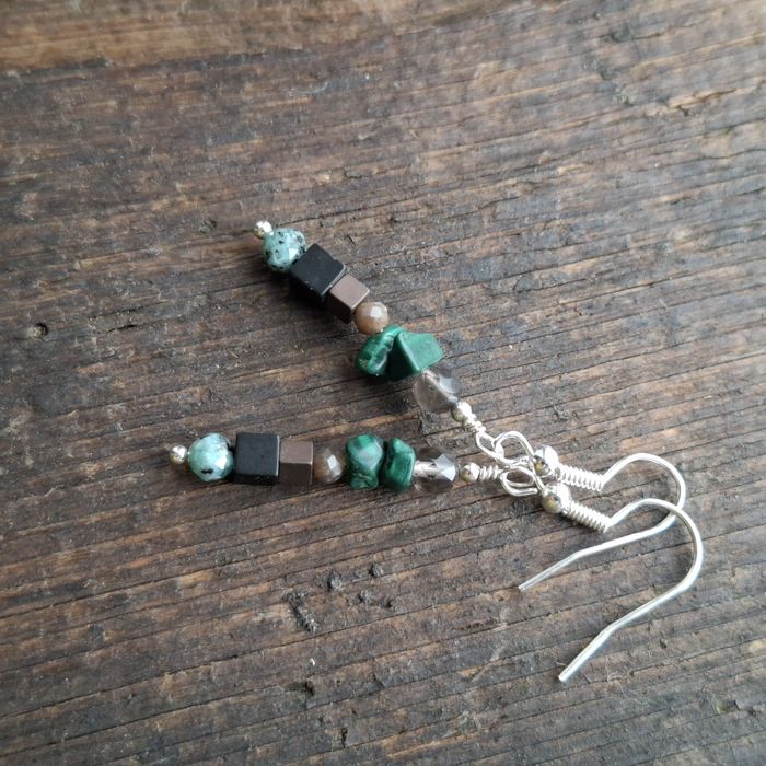 Kolczyki handmade malachit, kwarc dymny, labradoryt, K-2, hematyt