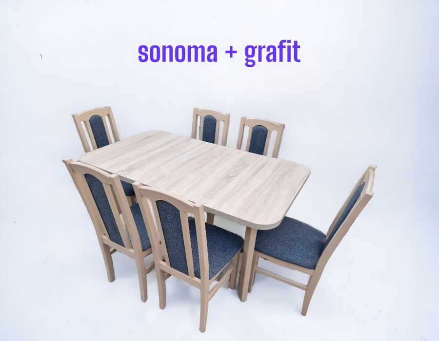 Nowe : STÓŁ 80x140/180 + 6 KRZESEŁ, sonoma + grafit , dostawa PL
