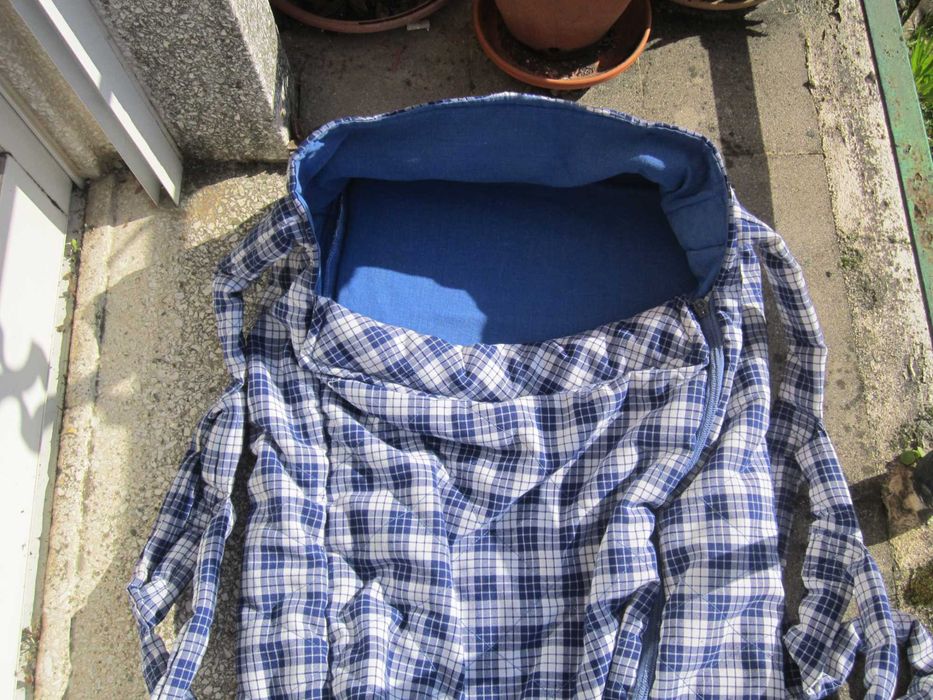 Alcofa vintage alças, Xadrex Azul e Branco, algodão acolchoado anos 70