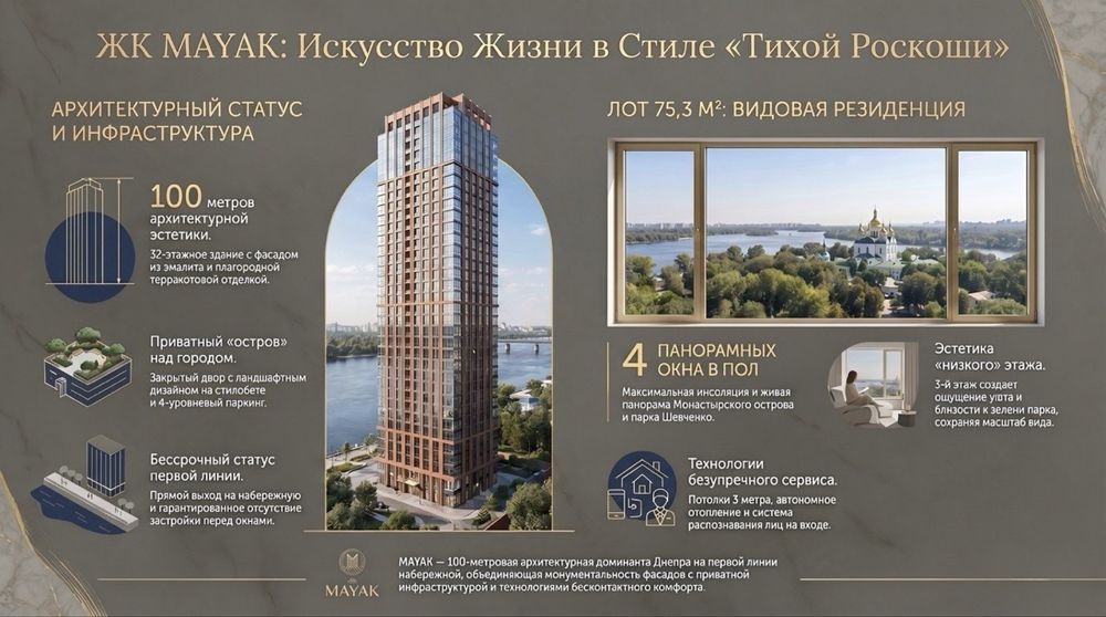 В продаже видовая двухкомнатная квартира в ЖК Mayak. 75.3 м.кв.