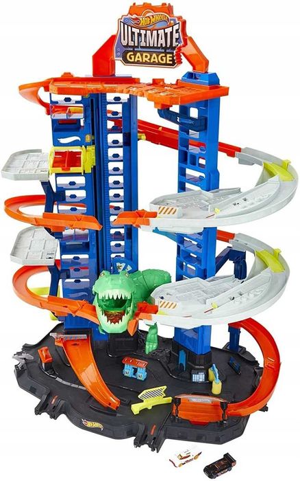 HOT WHEELS Garaż Z Windą T-REX + Zakręcona Mega Myjnia + Rollercoaster