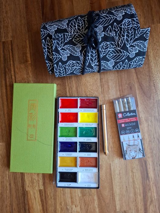 Material Artes: 50 lápis Polychromos + kuretake gansai tambi + 4 micron sepia + pincel viagem