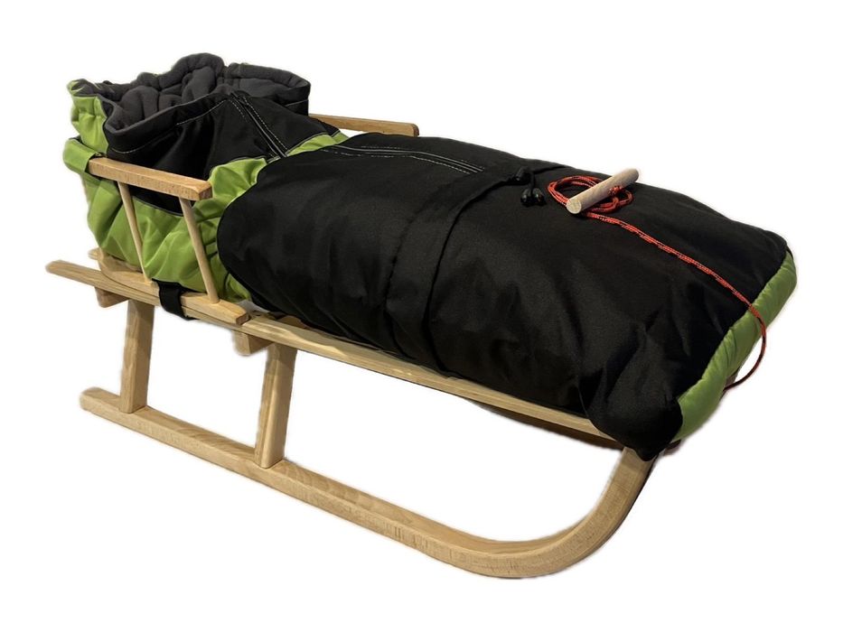 Nowe sanki drewniane z oparciem i ze śpiworkiem