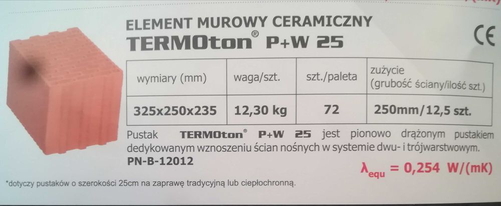 Pustak Ceramiczny PW25 Termoton typ Porotherm Cena Brutto z Tranport.