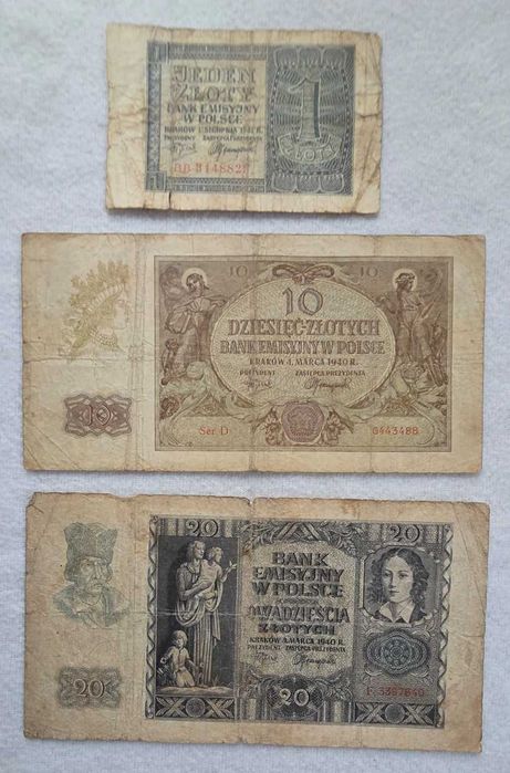 Banknoty Polska-zestaw 3 szt. (1940 & 1941) 1,10,20 złotych