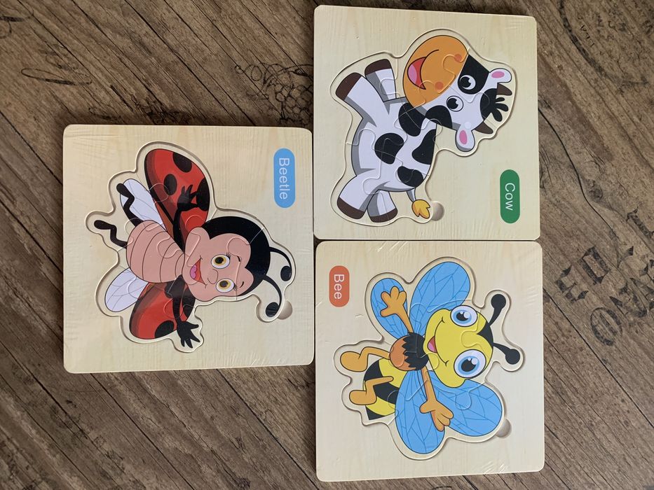 Nowe zafoliowane drewniane puzzle układanka 3 sztuki