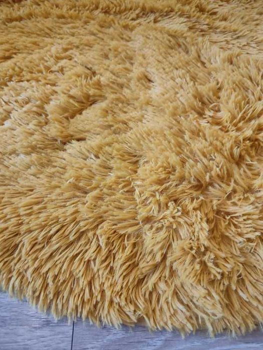 Nowy żółty dywan okrągły puszysty Shaggy 90 cm