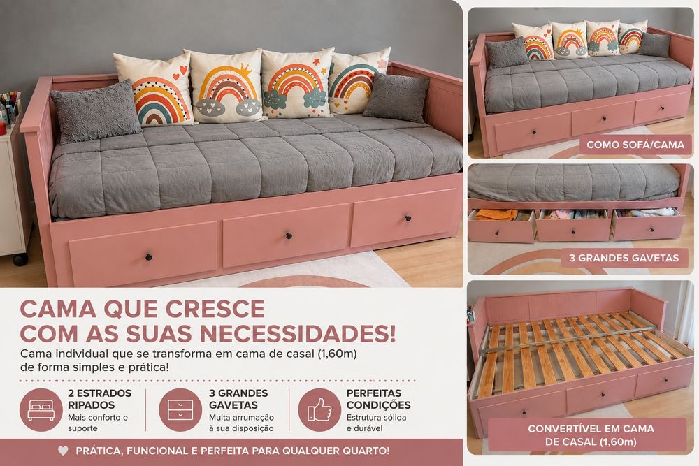Cama individual extensível com 3 gavetas – Converte em cama de casal (1,60 m)