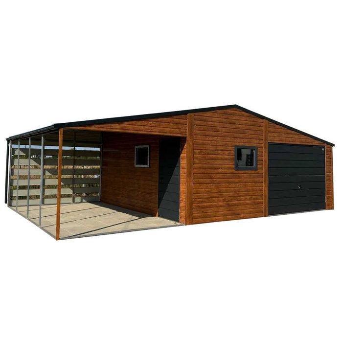 Garaż Blaszany 8.5×5m z Wiatą dwuspadowy, Brama uchylna, Drewnopodobny