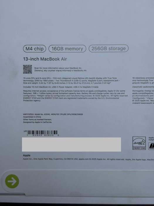 Apple MacBook Air - M4 / 16GB / 256GB - Midnight - PL dystrybucja