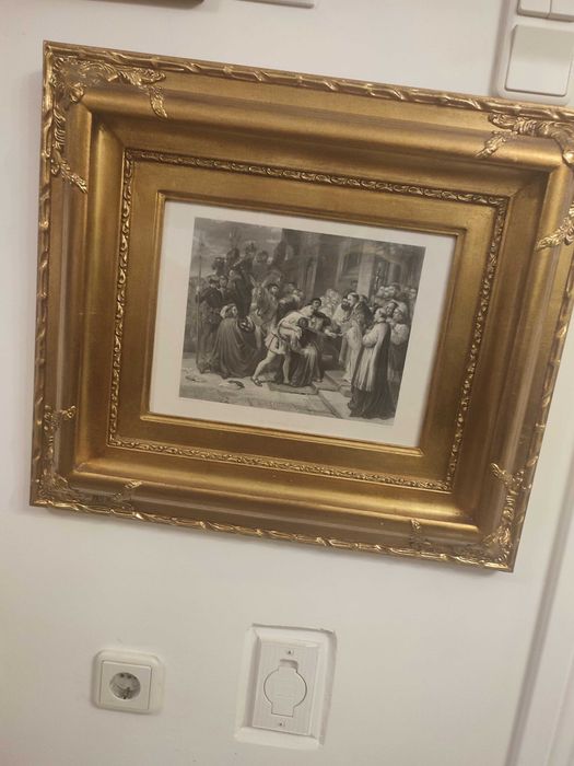 Quadro moldura folha de ouro gravura preto e branco - luxo