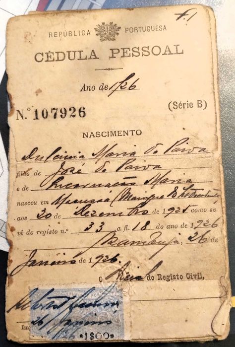 Documento Pessoal Antigo Cédula Pessoal 1926