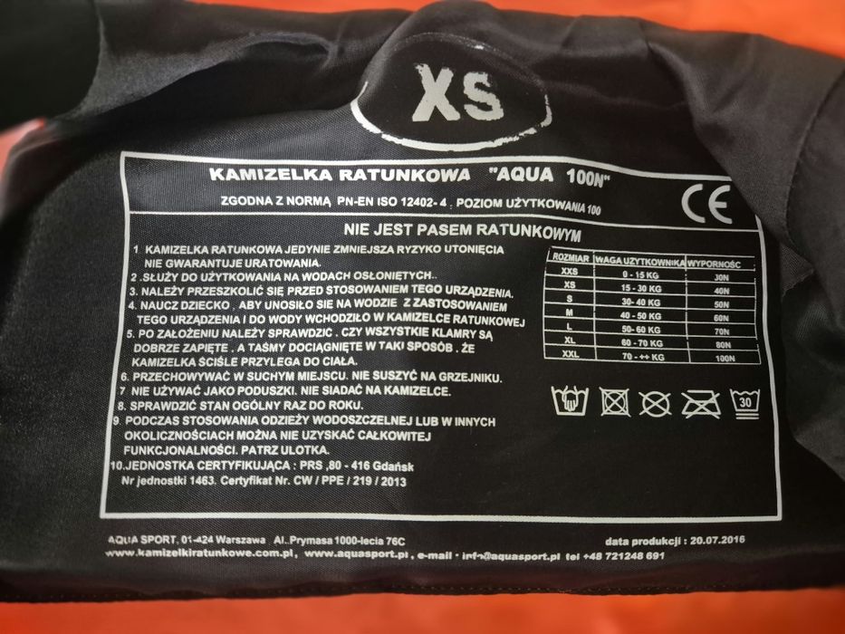 Kamizelka ratunkowa aqua sport 100N XS