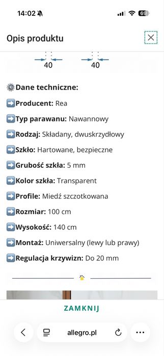 Parawan nawannowy miedź szczotkowana REA nowy