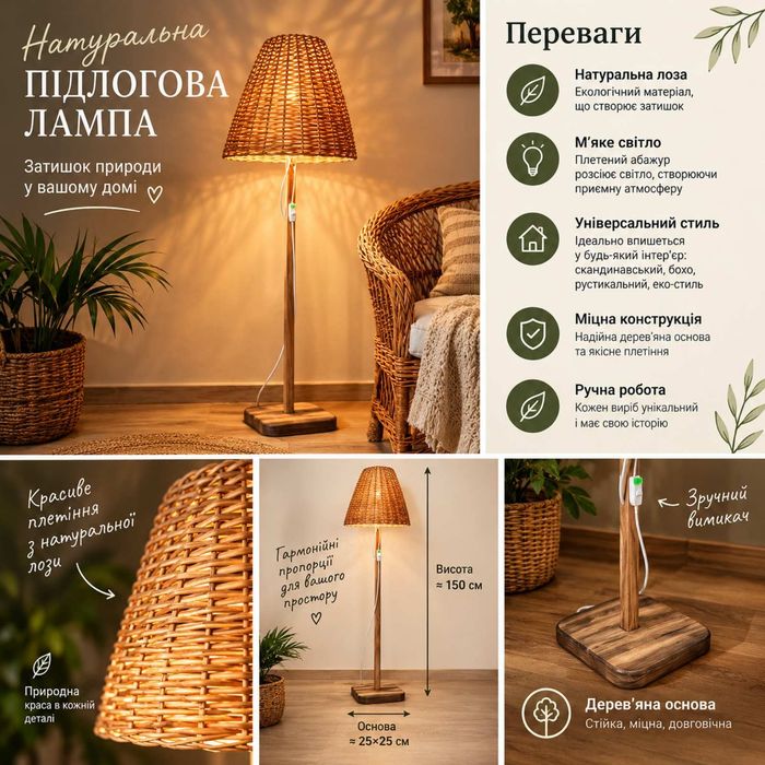 Люстри та абажури з натуральної лози