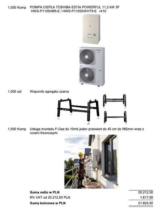 Pompa Ciepła 8-11 kW z montażem F-gaz Ciechanów + 100 km