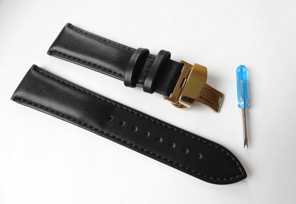 Czarny skórzany pasek do zegarka 18mm złote zapięcie motylkowe