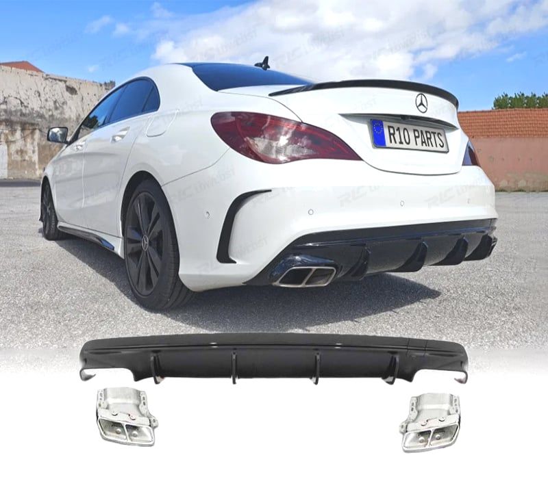 DIFUSOR TRASEIRO MERCEDES CLA W117 16-18 LOOK CLA45 PRETO BRILHANTE + SAÍDAS DE ESCAPE
