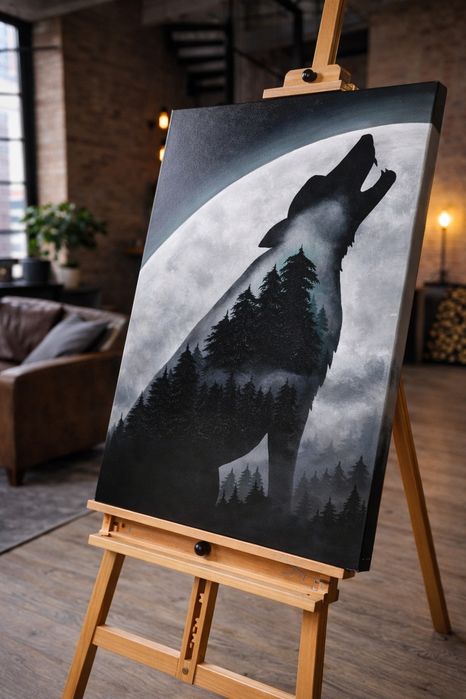22 Duże obrazy na płótnie 58x78cm Loft Ręcznie Malowany Wilk Las we Mg