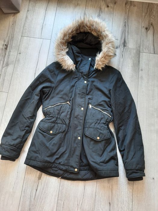 Kurtka parka czarna Zara futerko 34 XS płaszczyk