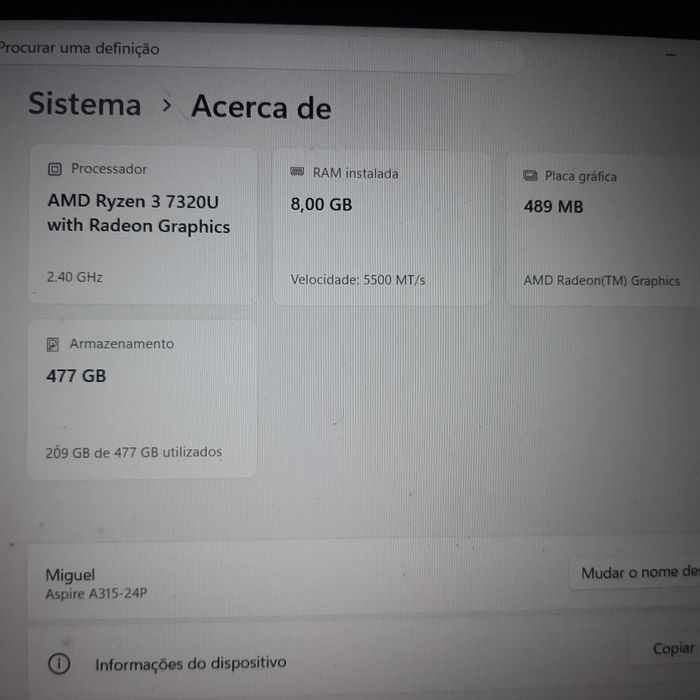 Portátil Acer AMD Ryzen 3