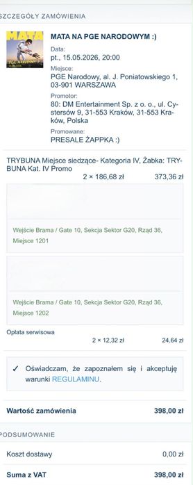 Mata PGE narodowy koncert BILETY 15.05.2006 TRYBUNY super miejsca!