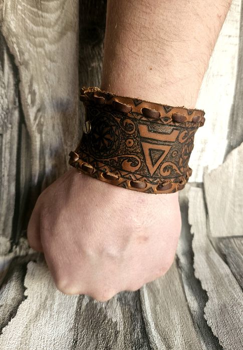 Skórzana bransoleta męska słowiańska skóra naturalna Weles Swarożyc XL