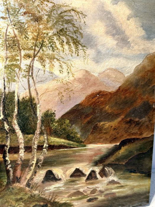 Paisagem fluvial - antiga pintura em óleo sobre tela