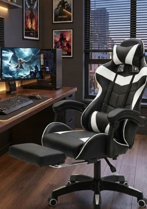 Fotel Gamingowy Biurowy Kubełkowy z Podnóżkiem Biały Ekoskóra Obrotowy