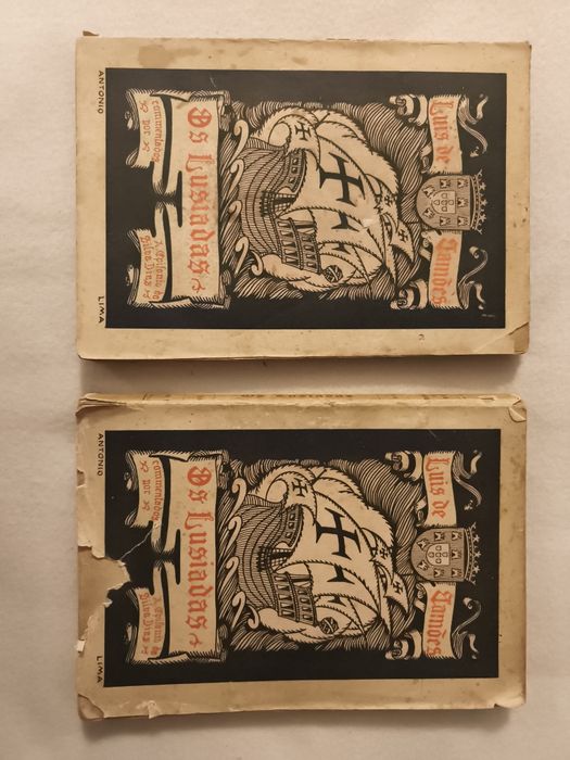 Edição antiga de "Os Lusíadas" de Luís de Camões, completa em 2 volumes (Tomos I e II).