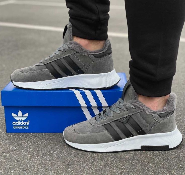 Зимние мужские кроссовки Адидас замшевые на меху серые Adidas