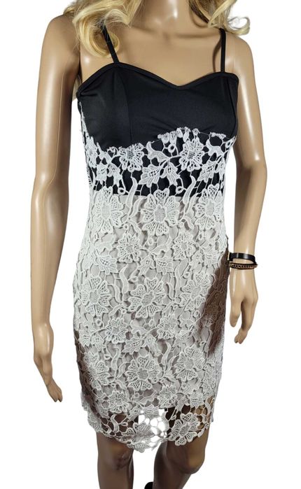 Elegancka czarna biała sukienka koronka 36,S/38,M