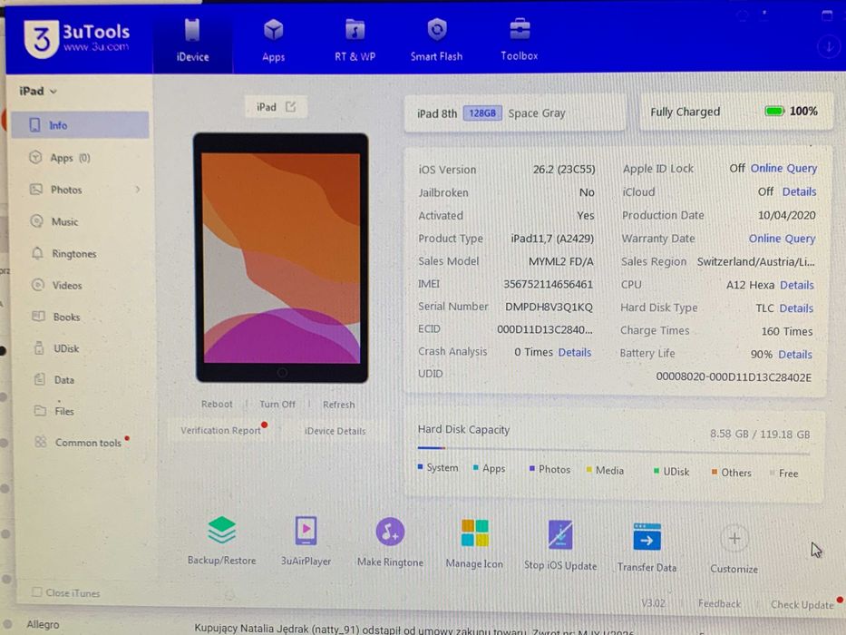 Tablet apple ipad 8 generacji  A2429 128GB bateria 90%