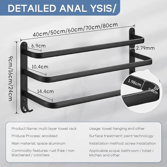Wieszak na ręczniki do łazienki 60cm czarny 3 poziomy