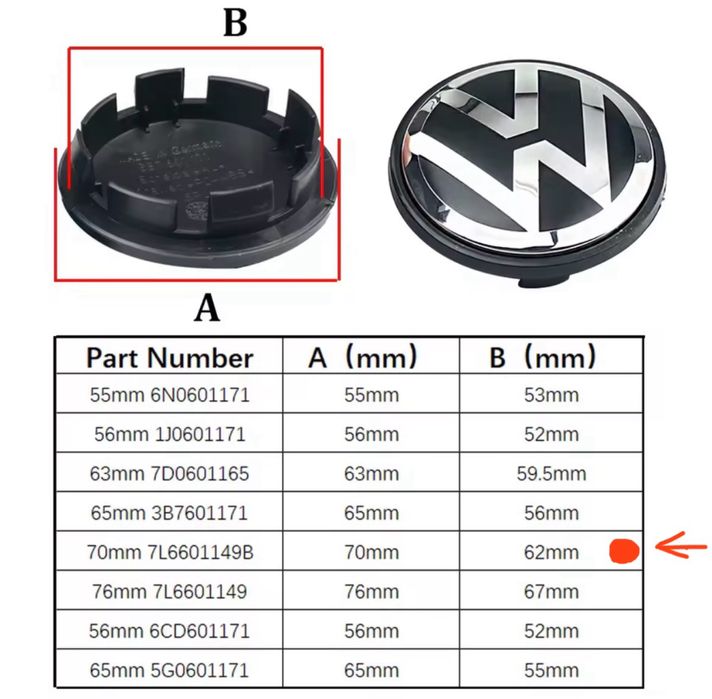 VW Dekielki kapsle do felg 70/62 mm 7L6601.149B logo VW nowe 4 szt