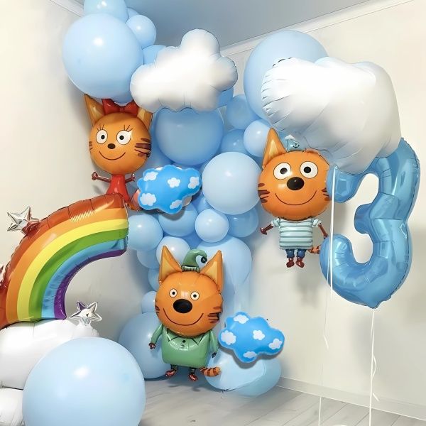 Фотозона три кота Карамелька Коржик Компот на день рождения гирлянда