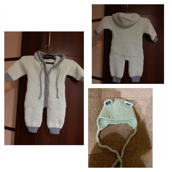 Вʼязаний комбінезон ручної роботи АЛИЗЕ ПУФФИ з шапочкою