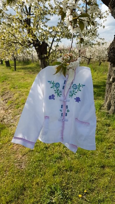 Koszula biała hafty kieszenie vintage kwiaty przewiewna dla dziecka