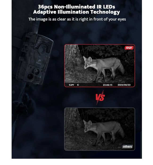 Fotopułapka 36 MP 4K, noktowizorem, z Kartą SD 32 GB i Bateriami 8 AA