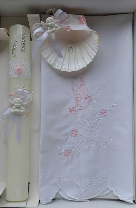 conjunto para batismo / batizado: vela, concha, toalha