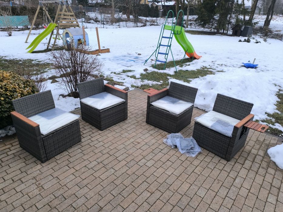 Nowe 2 sofy ogrodowe kanapy fotele modułowe z poduszkami rattan stolik