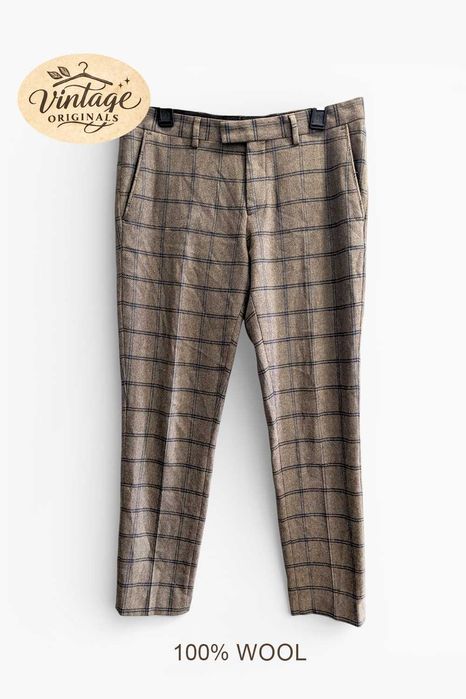 Spodnie wełniane River Island wełna krata brązowe vintage, rozm. 42