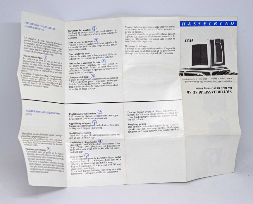 Folheto de instruções do Hasselblad Standard Focusing Hood 42315 Visor